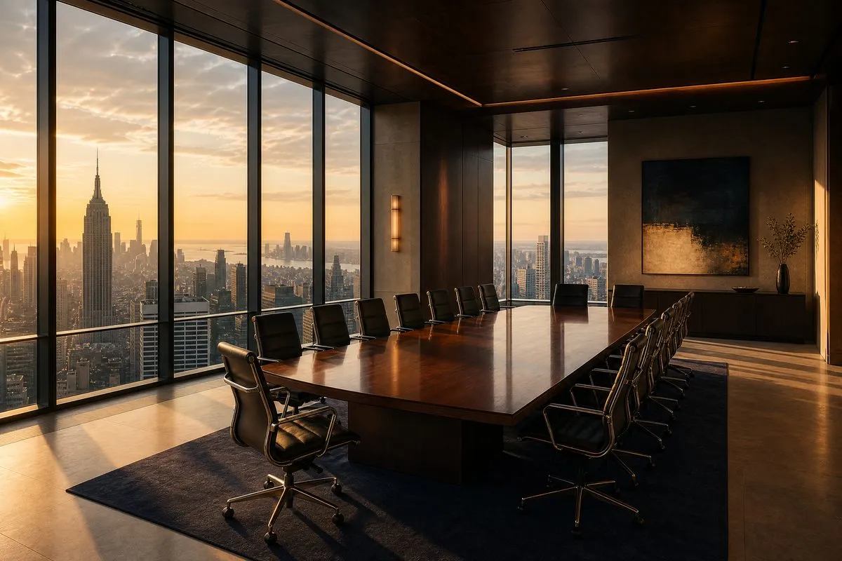 A corner office overlooking a city skyline