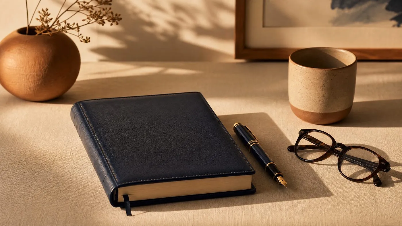 A leather journal, pen and reading glasses on a desk