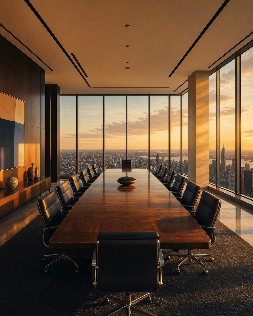 An empty boardroom at sunset overlooking a city