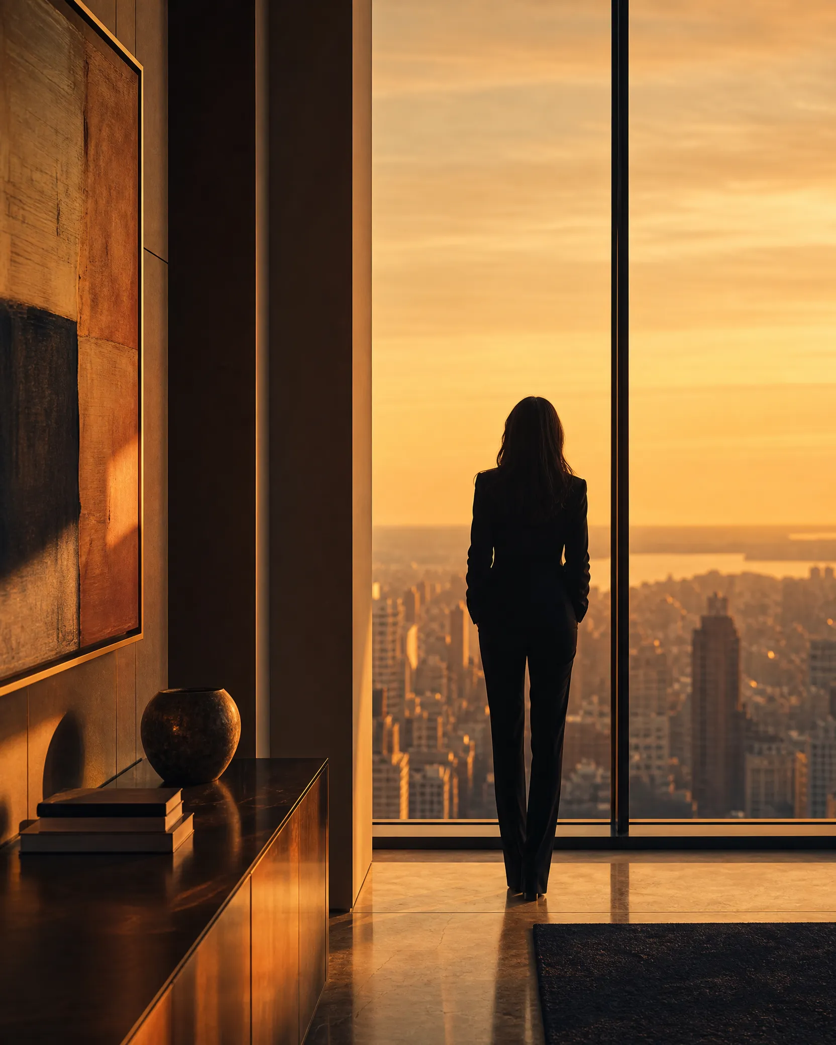 A leader silhouetted at a window overlooking a city
