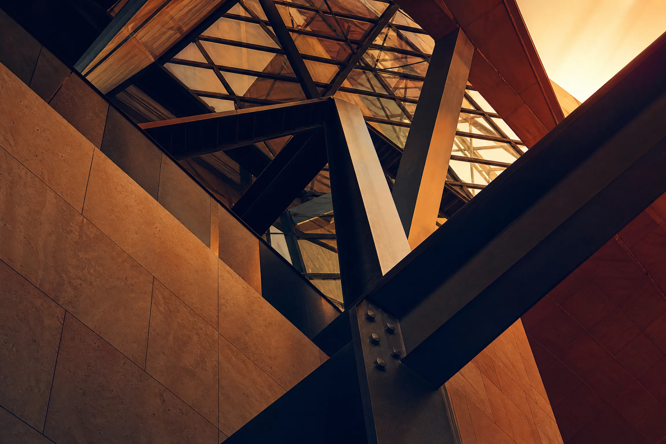 Interlocking steel structure seen from below