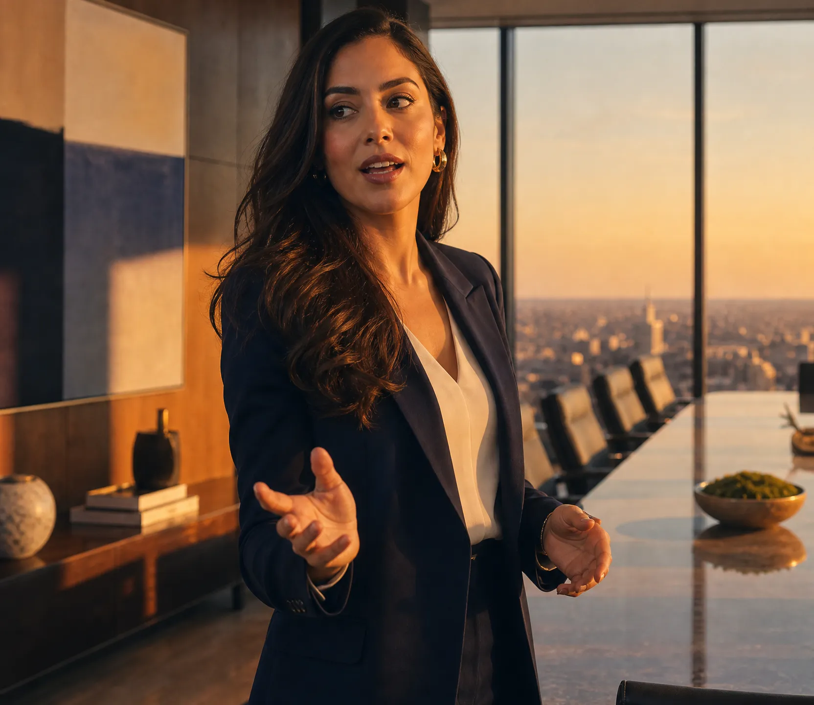 A woman leader speaking at a boardroom table