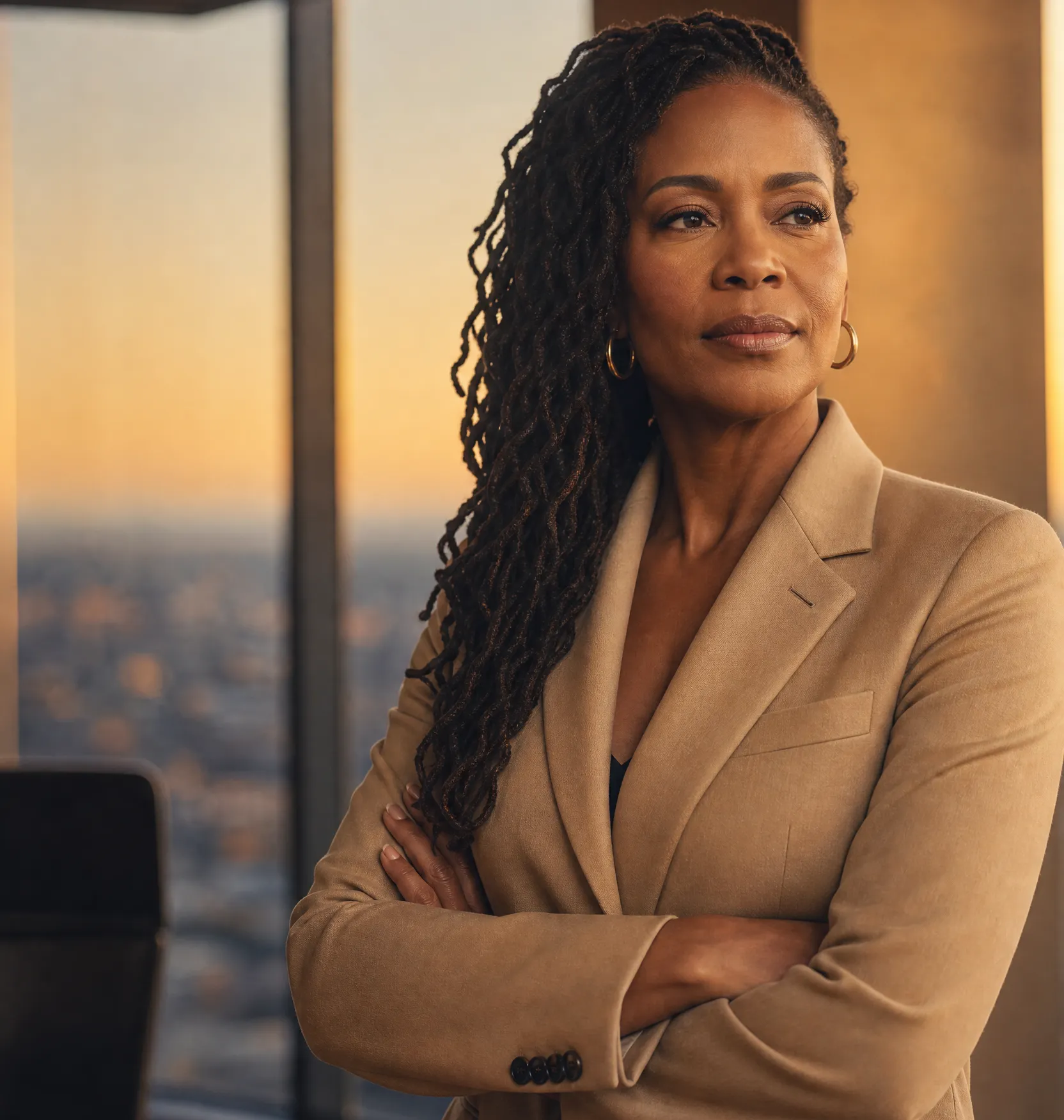 A senior woman leader, arms folded, in front of a city skyline
